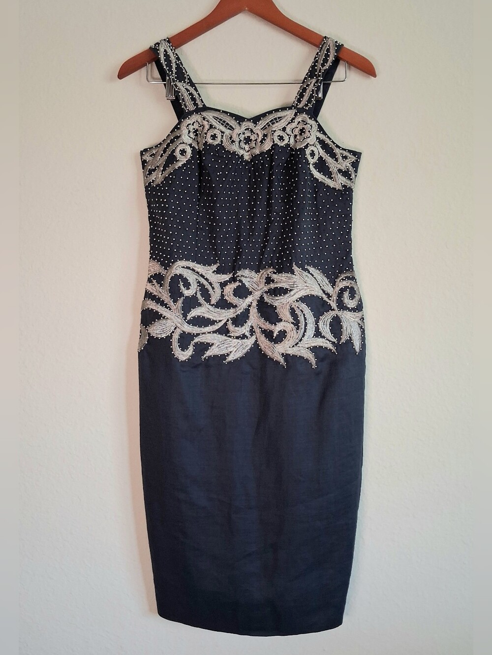 Vango Paris Vintage Embellished Navy Sheath Dress with Silver Beading